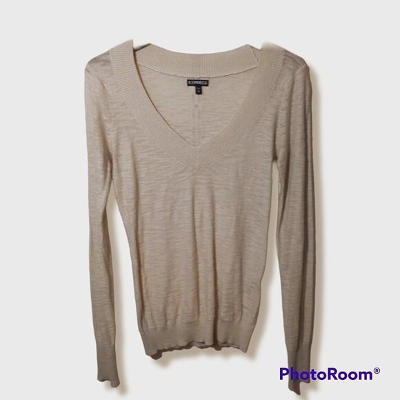 Express V-Neck X-Small Long Sleeve Sweater - Lightweight - Layers - Preppy-Tan - Picture 1 of 4